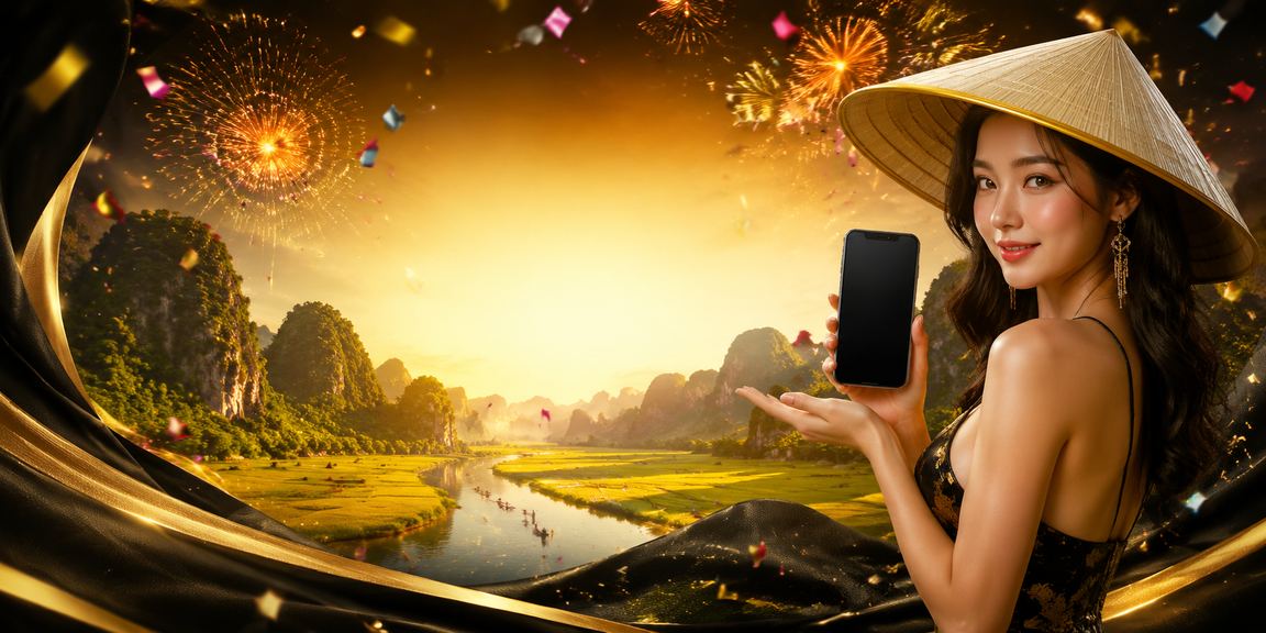 Cảnh thiên nhiên Ninh Bình với nón lá gợi nhắc ưu đãi nạp tiền